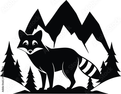 Black Silhouette Raccoon in Mountains and Pines, Nature Logo Design