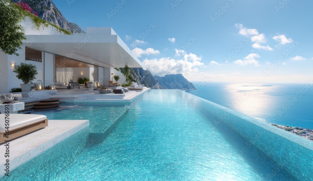 Fototapeta premium Luxurious modern villa with infinity pool overlooking the ocean under a bright blue sky