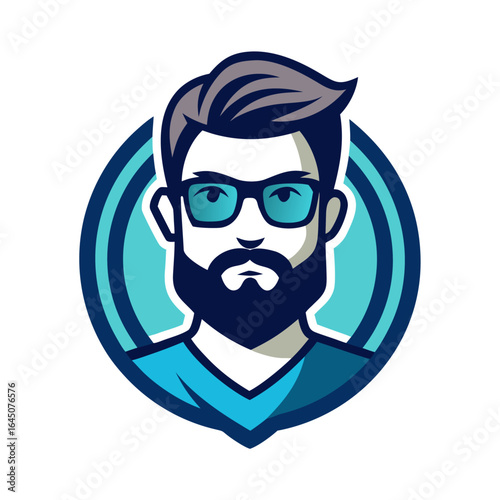 A stylish and modern portrait of a bearded man with glasses, in a vibrant and minimalist cartoon style, perfect for personal branding, profile pictures, and avatars, vector illustration.

