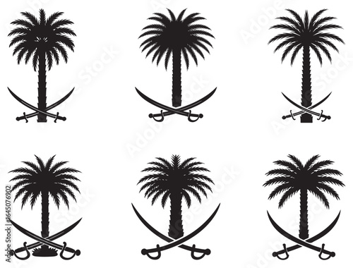 SAUDI PALM TREE AND CROSS SWORD SYMBOL SILHOUETTE