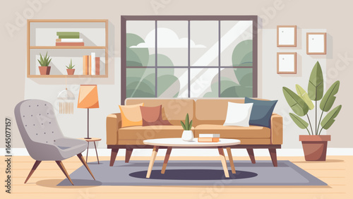 Illustration of a cozy living room interior with furniture and decor in a modern style design look