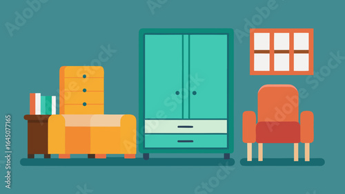 Illustration of a room with a wardrobe, chair, dresser, window, and a small table with books