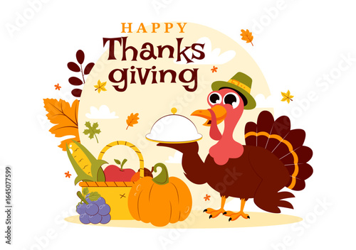 Happy Thanksgiving Day Vector Illustration featuring Turkey, Pumpkins, Autumn Leaves, and Various Festive Elements in a Flat Style Cartoon Background