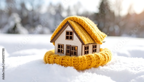 Cozy Miniature House Wrapped in a Bright Yellow Scarf on a Snowy Winter Day