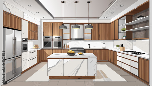 Illustration of a modern kitchen with island, stainless steel appliances and wooden cabinetry design