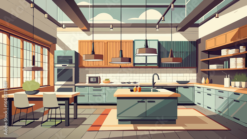 Interior view of a modern kitchen with island table and large windows and hanging lights showing cabinets