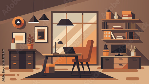 Illustration of a modern home office interior with desk chair and shelves in neutral colors