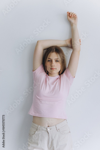 Pretty young blondie tender teenage caucasian girl. Close up portrait of a young woman
