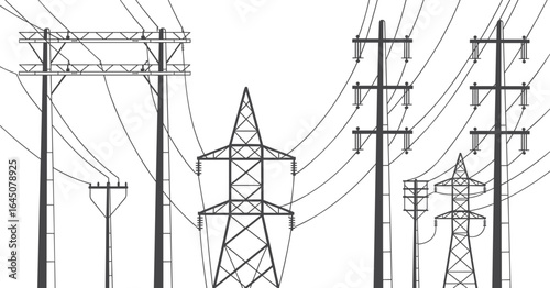 Electrical power line tower and utility poles vector illustration, high voltage transmission cables, energy distribution structure, industrial design drawing