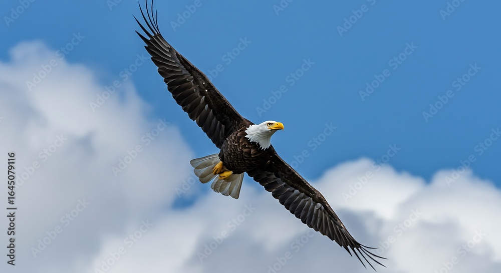 Naklejka premium Majestic Bald Eagle Soaring Through the Sky with Wings Outspread
