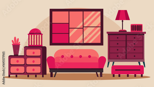 Illustration of a living room with a couch, two dressers, a lamp, and a window with a frame