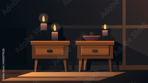 A dimly lit room featuring two wooden nightstands with candles and a bowl on one of them near a window