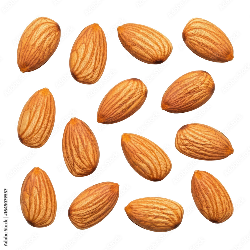 Numerous distinct whole raw almonds with textured light brown to beige shells, clearly visible on a pristine transparent studio background, top-down, ultra realistic product photography concept for Numerous distinct whole raw almonds with textured light brown to beige shells, clearly visible on a pristine transparent studio background, top-down, ultra realistic product photography concept for