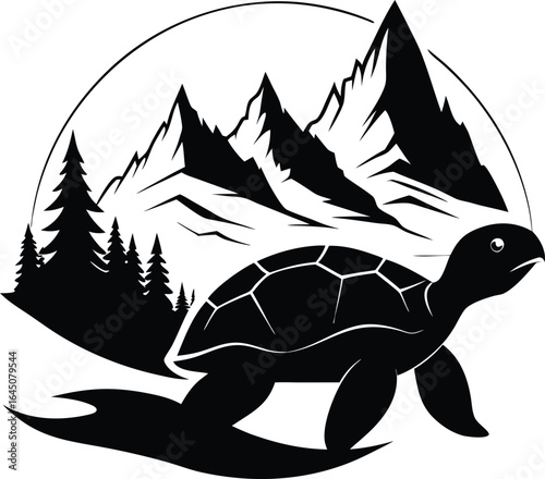Black Turtle Silhouette with Mountains and Trees Logo Design