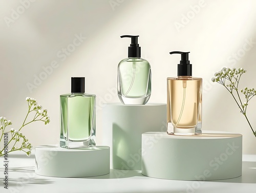 Three elegant glass bottles with pumps on display pedestals