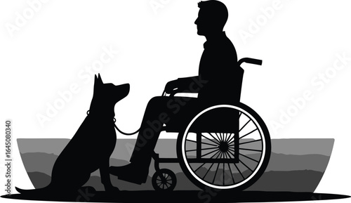 Silhouette of a person in a wheelchair with a dog, symbolizing friendship, support, and independence, enjoying nature with companionship and love