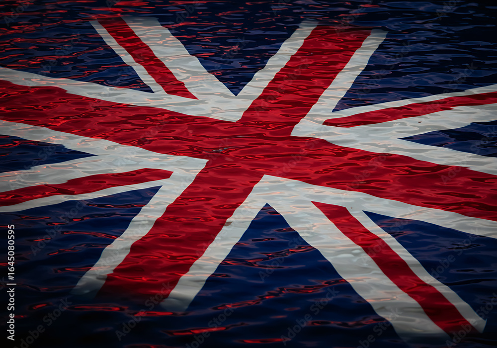 Fototapeta premium The Union Jack flag of the United Kingdom is seen with a textured water ripple effect, suggesting it is submerged or reflected on a wavy surface.