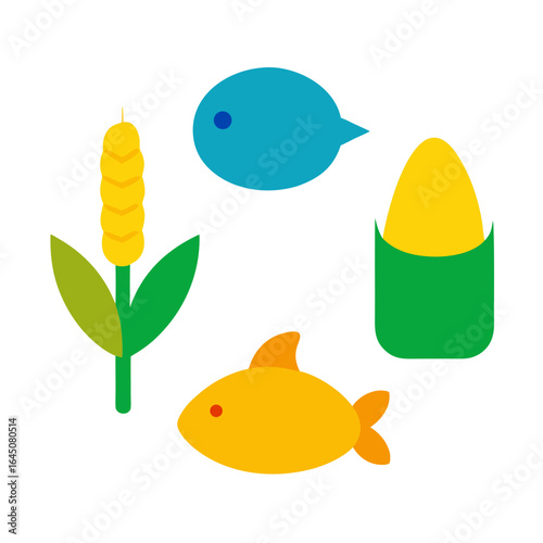 Farm to table food icons featuring corn fish and bird
