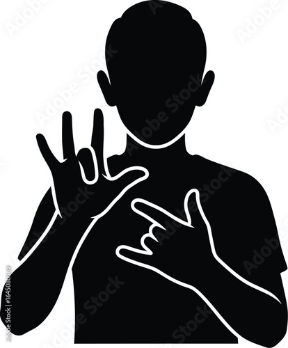 Silhouette of a boy using hand signs for communication, representing sign language and nonverbal expression