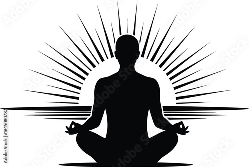 Silhouette of a person in a yoga lotus pose meditating at sunrise, to promote relaxation, wellness, and spiritual growth