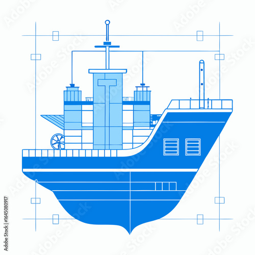 Blueprint of a blue cargo ship with detailed design elements