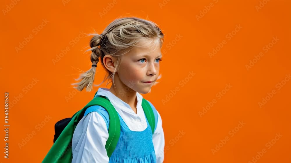 Young girl with pigtails wearing blue dress and green backpack walks confidently against vibrant orange background, showcasing her joyful expression and the excitement of a new adventure Young girl with pigtails wearing blue dress and green backpack walks confidently against vibrant orange background, showcasing her joyful expression and the excitement of a new adventure