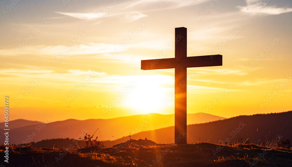 Silhouette of a wooden cross on a hilltop with golden sunset and glowing rays, symbolizing faith, hope, sacrifice, and spiritual peace in a dramatic natural landscape, cross on sunset Silhouette of a wooden cross on a hilltop with golden sunset and glowing rays, symbolizing faith, hope, sacrifice, and spiritual peace in a dramatic natural landscape, cross on sunset