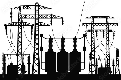 Electrical substation with high voltage towers, power transmission infrastructure, electricity distribution 