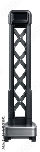 Battery-powered scissor lift with a narrow frame for maneuvering in tight corridors.
