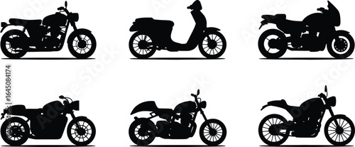 Collection of classic and modern motorcycle designs in silhouette style