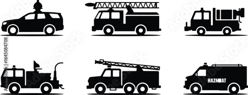 Emergency response vehicles fire and police department icons silhouette