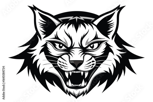 illustration shows an angry wildcat head snarling aggressively on the white background