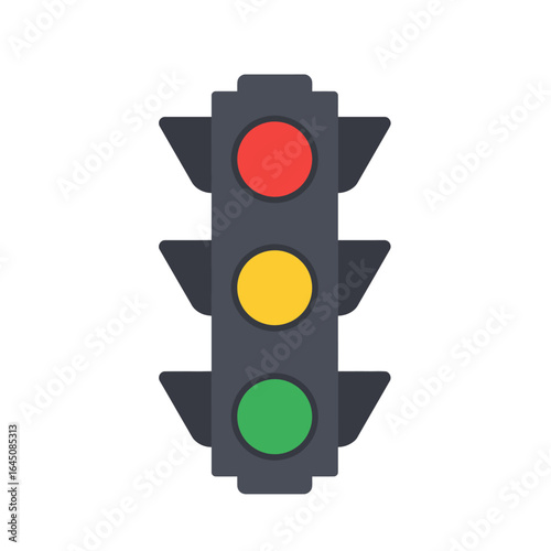 Simple Flat Vector Illustration of a Traffic Light with Red Yellow and Green Lights on a White Background for Transportation Concepts