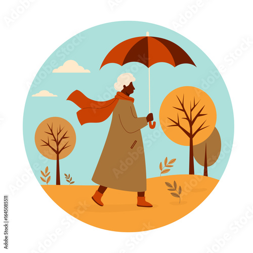 Autumn Ethnic Elderly gray -haired woman with umbrella in fall park. Round Autumnal landscape background banner with trees. Vector illustration. Not AI