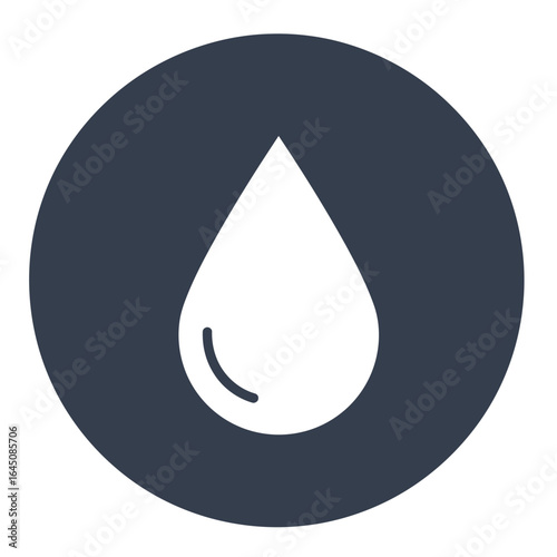 Simple White Water Drop Icon on Dark Blue Circle Background Representing Purity Cleanliness and Essential Fluids for Life