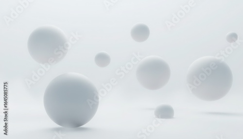 A minimalist composition featuring several soft white spheres floating against a white background space