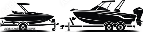 Collection of motor boat and trailer icons featuring a distinctive silhouette style