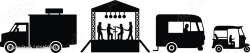Collection of musical event stage and transport icons in silhouette style