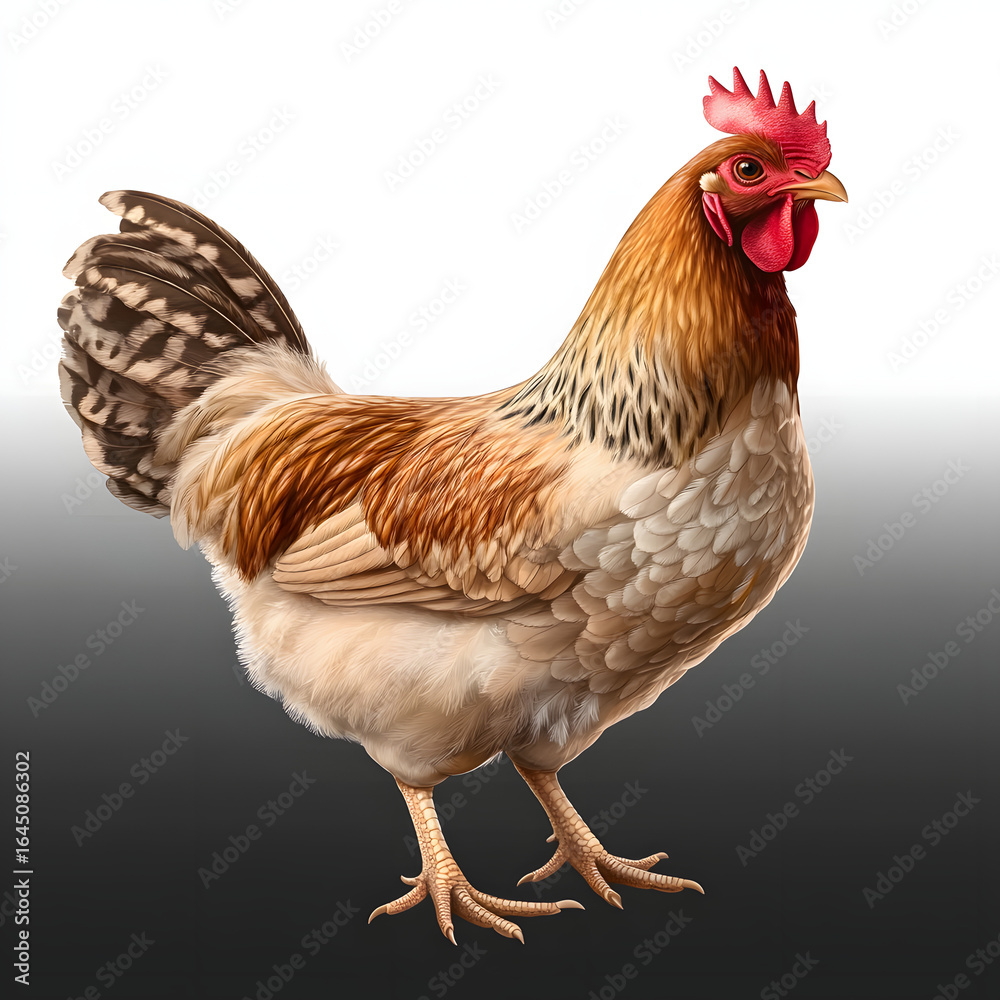 Fototapeta premium Regal Orpington Hen with Warm Plumage on White Background – Rustic Farmyard Bird Portrait