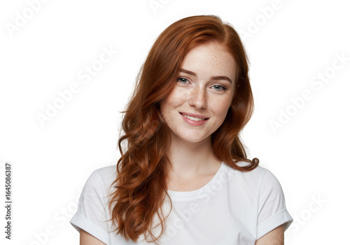 Smiling young woman with long wavy red hair against a black background