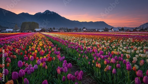 Wallpaper Mural Vibrant tulip field at sunset, nestled in a valley between snow-capped mountains and a small village Torontodigital.ca