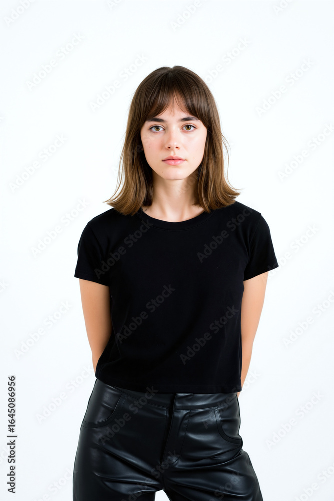 Fototapeta premium A young woman stands still with a serious expression, wearing a fitted black shirt and leather pants, positioned against a clean white backdrop. Generative AI.
