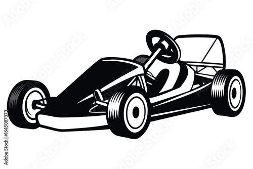 Black and white kart possesses a steering wheel and sleek bodywork on a white backdrop