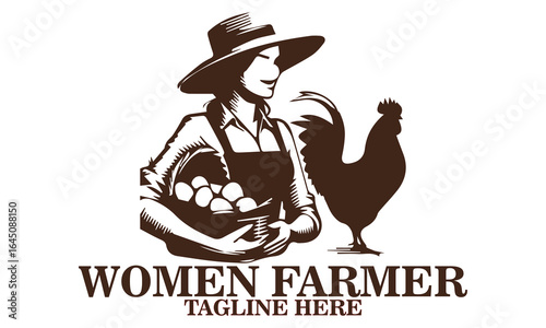 Vector illustration of a smiling woman farmer in a wide-brimmed hat holding an egg and a basket full of eggs, with a rooster standing beside her. Farming concept