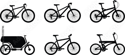 Collection of diverse bicycle types represented as clean and modern silhouette icons