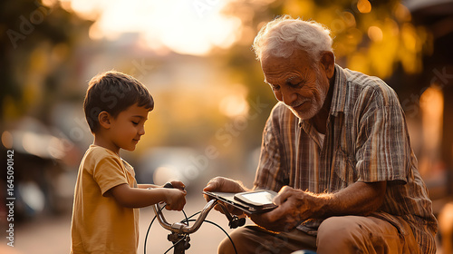 Intergenerational Activity: Senior man teaching kid to repair bicycle with digital manual