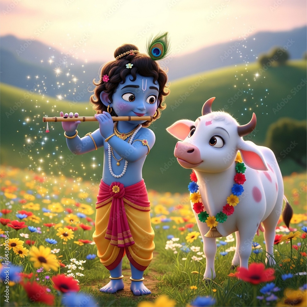Fototapeta premium Krishna Walking with Calf in Fields