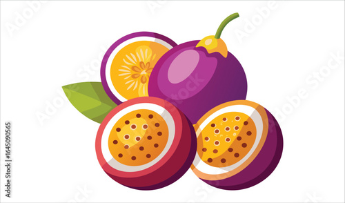 Delicious Passion Fruit: Vibrant Illustration of Whole and Halved Exotic Fruits with Leaves