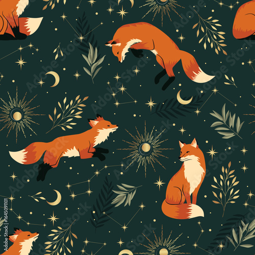 Seamless woodland pattern with fox, moon, stars and floral elements. Forest animal ornate illustration on a dark background. Autumn wallpaper