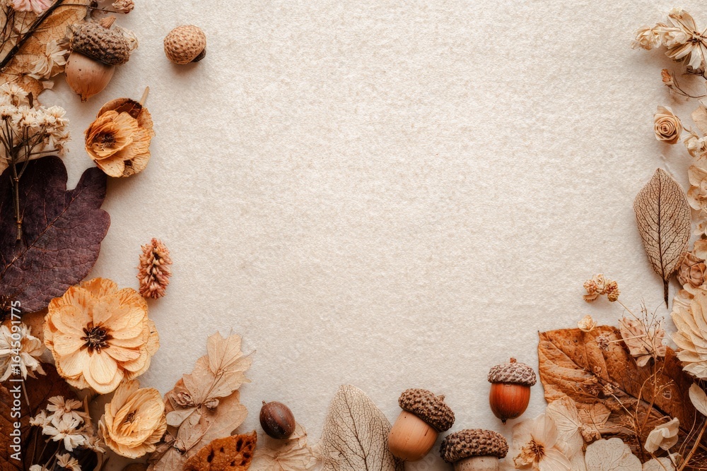 Fototapeta premium A flat lay of autumn leaves, acorns, and dried flowers arranged around the border of a light brown textured background.